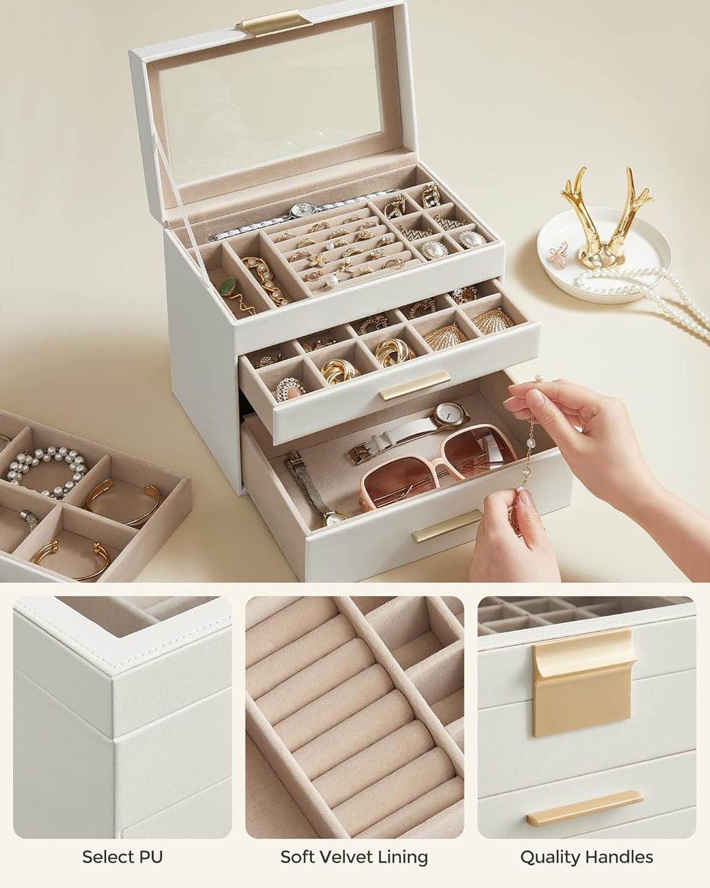 SONGMICS Jewelry Box Organizer with Glass Lid, 4-Layer Jewelry Storage, with 3 Drawers, Modern Style, Christmas Gift, 6 x 9.9 x 8.5 Inches, Cloud White and Gold Color UJBC161W01