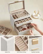 SONGMICS Jewelry Box Organizer with Glass Lid, 4-Layer Jewelry Storage, with 3 Drawers, Modern Style, Christmas Gift, 6 x 9.9 x 8.5 Inches, Cloud White and Gold Color UJBC161W01