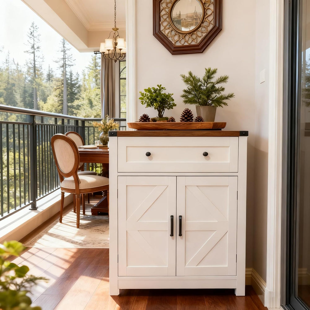 Farmhouse Barn Door Storage Cabinet with Drawer, White Wood Grain Coffee Bar ...