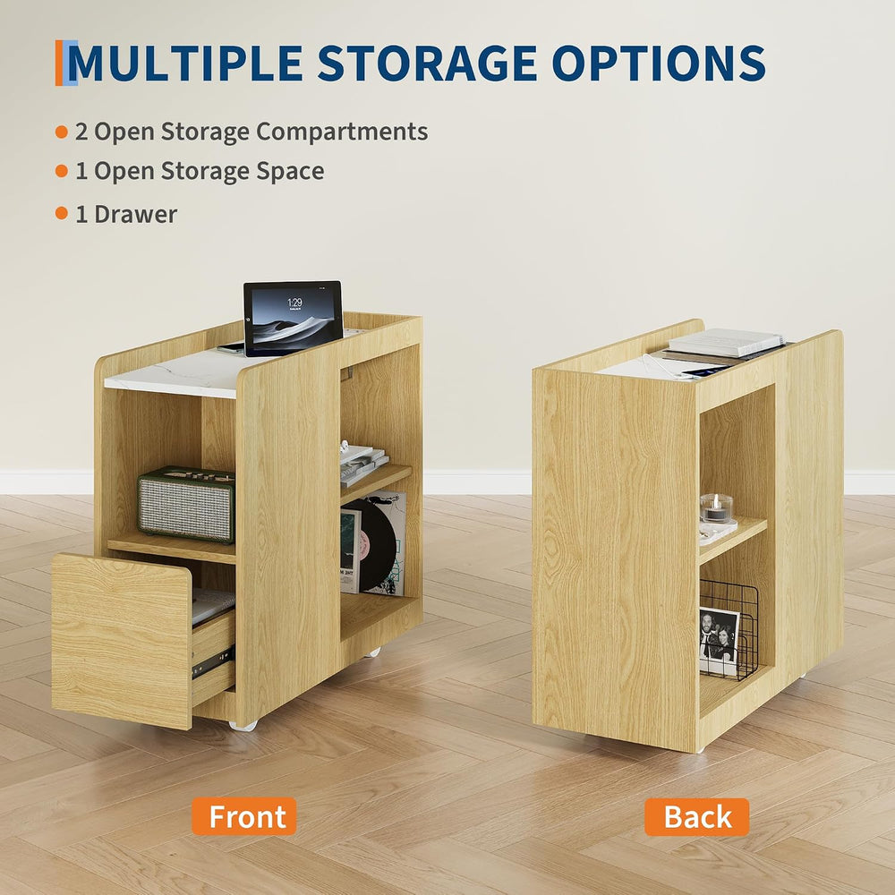 End Table with Charging Station, Mobile Side Table with Drawer, 3-Level Adjus...