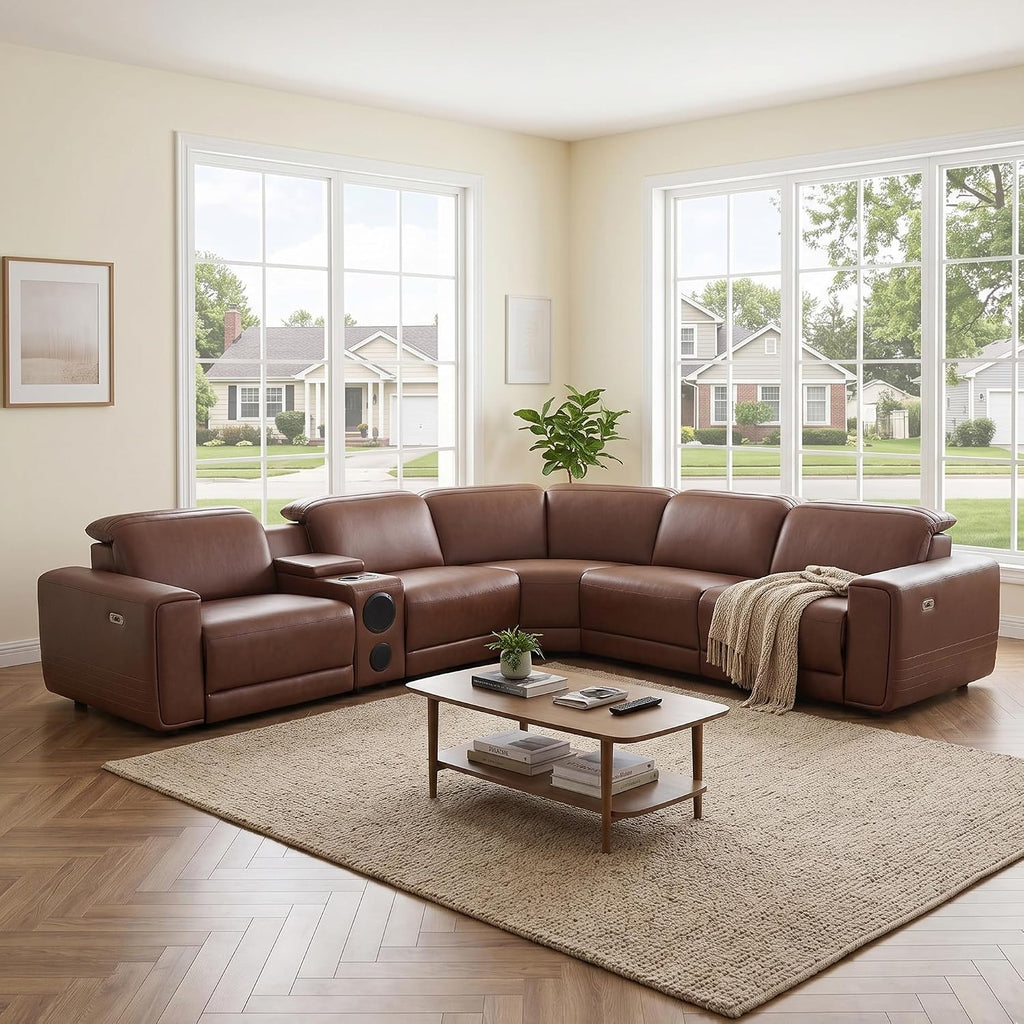 Power Recliner Sectional Sofa, L-Shaped Living Room Furniture Set, Reclining Sectional Couch with Storage Console/Cup Holder for Living Room/House/Apt (Brown, 5 Seater)