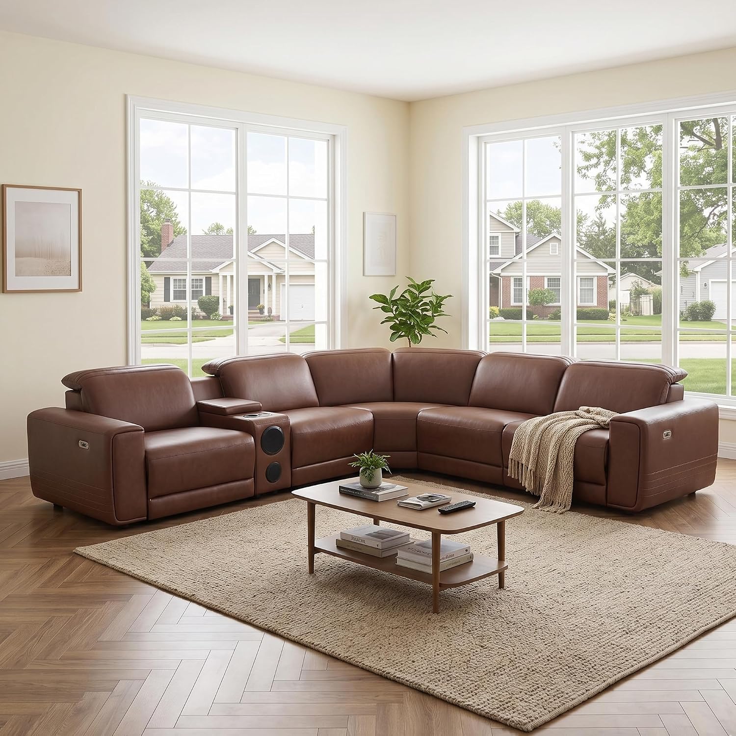 Power Recliner Sectional Sofa, L-Shaped Living Room Furniture Set, Reclining Sectional Couch with Storage Console/Cup Holder for Living Room/House/Apt (Brown, 5 Seater)