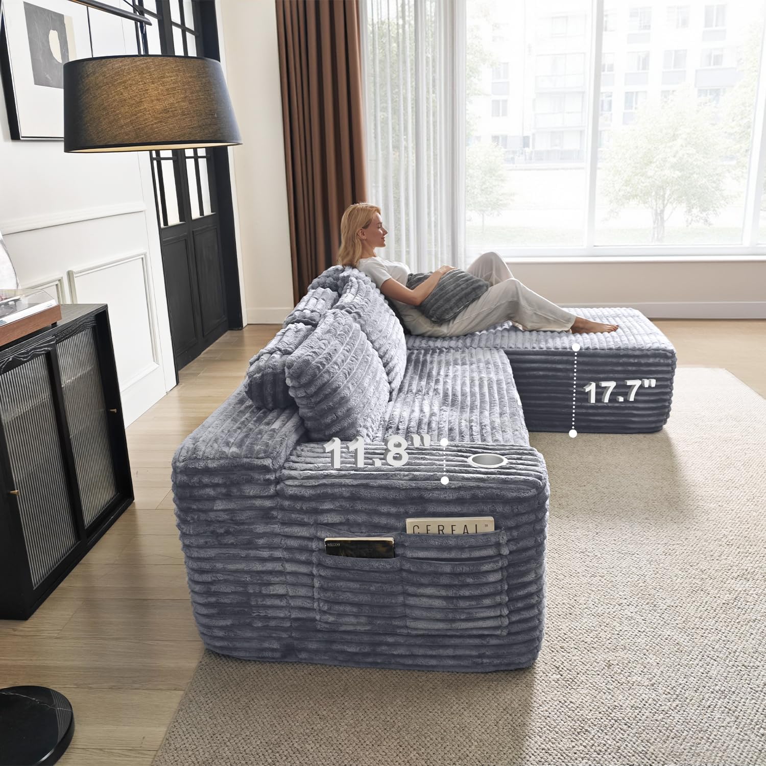 Cloud Sectional Couch with L-Shape Chaise, Modern Modular Sofa with Deep Seat, Built-in Cup Holder & Storage Pocket for Living Room Bedroom, No Assembly Required (Light Gray, Left Facing Chaise)