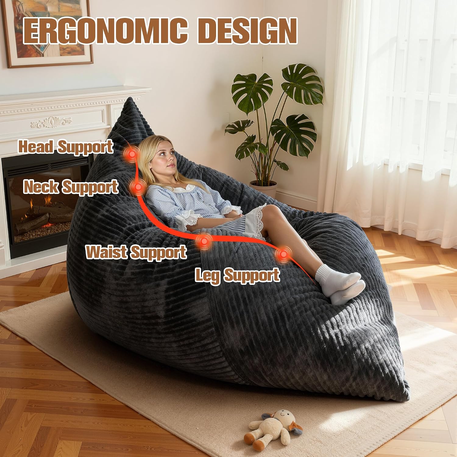 nalone 6.4 FT Giant Bean Bag Chair for Adults, 4 in 1 Memory Foam Filled Beanbag Chair, Floor Sofa Bed with Fluffy Washable Flannel Cover, Lounge Couch for Bedroom, Living Room (Grey)