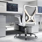 Ergonomic Office Chair-Computer PU Leather X-Shaped Desk Chair-Gaming Chair with Adjustable Flip-up Armrests Lumbar Support Mesh Executive Chair for Long Hours Office (Grey)