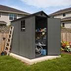 Devoko 4x6 FT Outdoor Storage Plastic Shed, Waterproof Resin Garden Shed with Lockable Door, Floor & Window, All-Weather Tool Shed for Backyard, Patio, Lawn, Poolside, Dark Gray