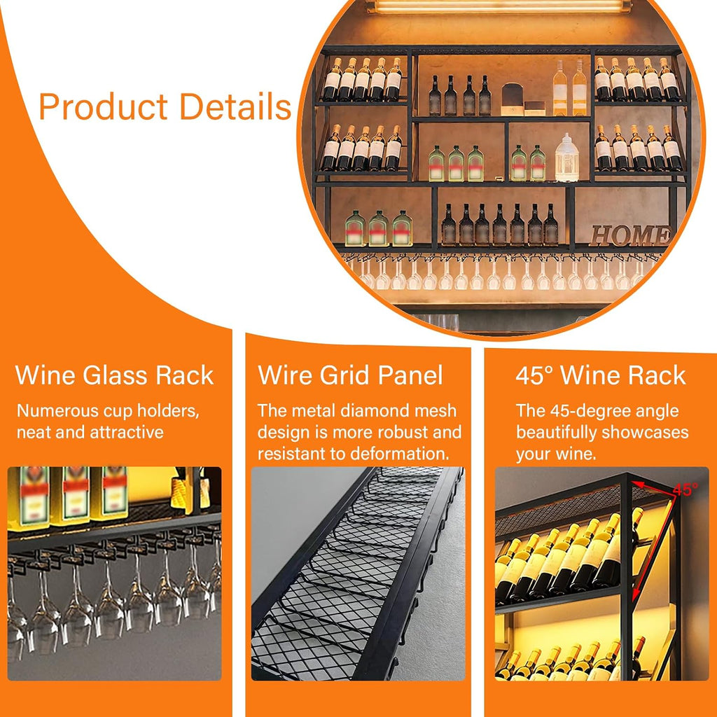 59" Wall Mounted Wine Rack, 3-Tier Liquor Shelf with Glass Holder | Large metal wines bottle display shelf, modern bar shelves. For Kitchen Dining Bar Home