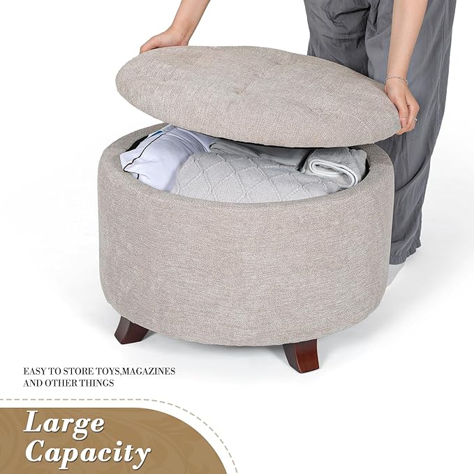 Athena Collection 24.5 Inch Small Ottoman with Storage, Round Linen Fabric Storage Ottoman Foot Rest with Removable Lid, Multipurpose Footstool Footrest for Livingroom, Bedroom, Dorm, Beige