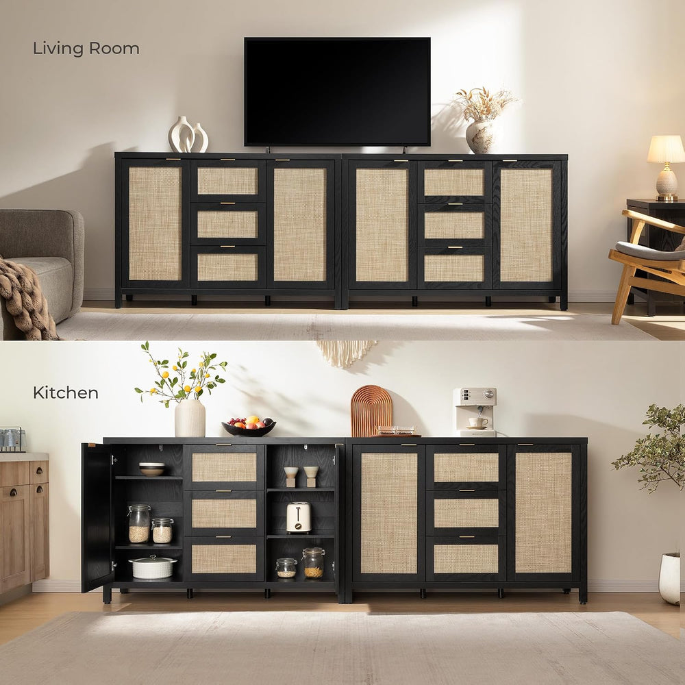 SICOTAS Rattan Large Sideboard Buffet Cabinet with Storage - Farmhouse Boho C...