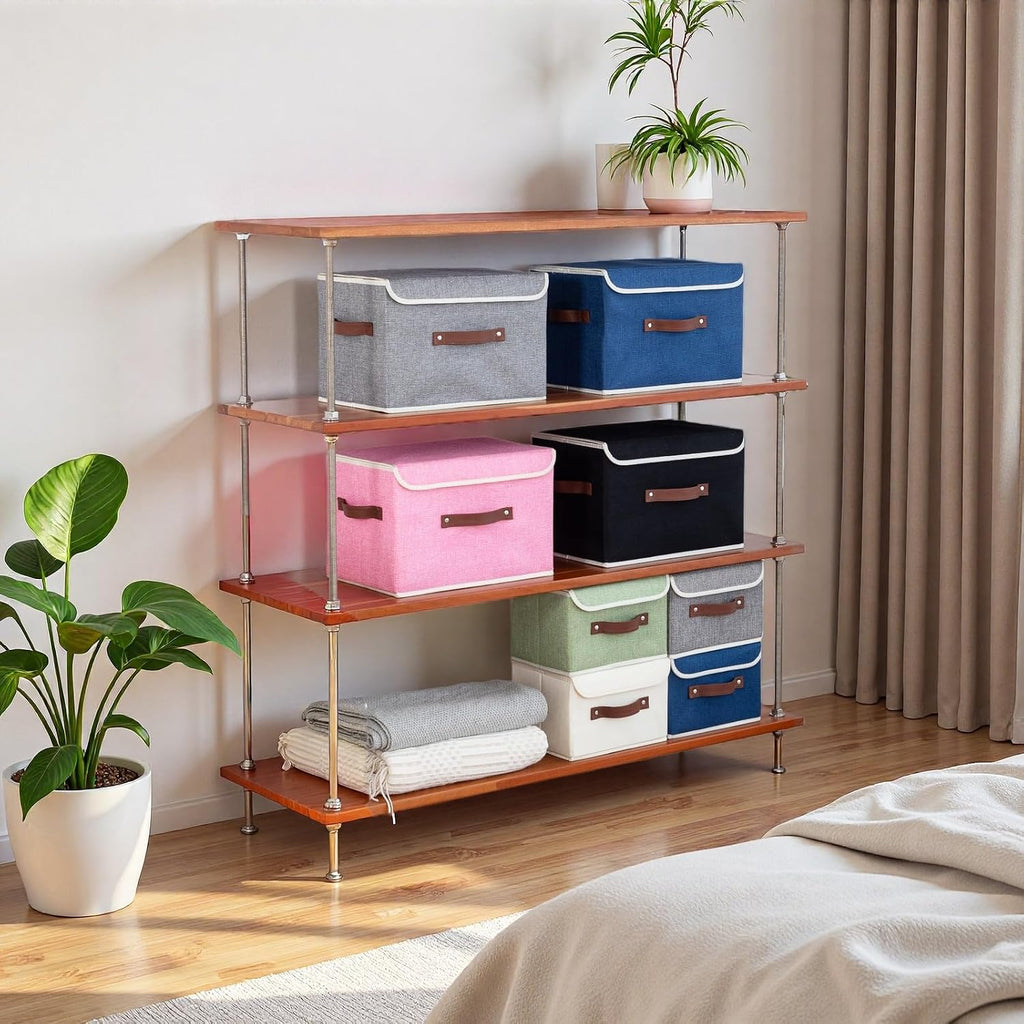 Collapsible Storage Boxes Baskets with Lid Cotton Linen Fabric Storage Bins with Faux Leather Handles Decorative Washable Cube Organizer Container for Home Closet Bedroom (Gray, Small Size)