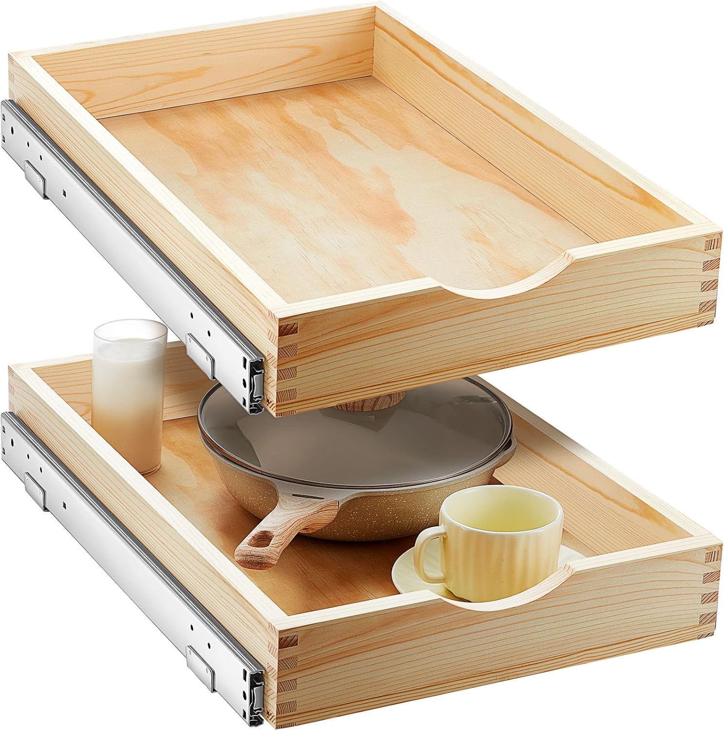 Menkxi 2 Set Pull out Tray Cabinet Organizer Wooden Pull Drawers storage Slide out Pantry Shelf for Base Cabinet Kitchen Gentle Close Fully Assembled Accessories(Wood Color,15'' X 21'' X 3'')