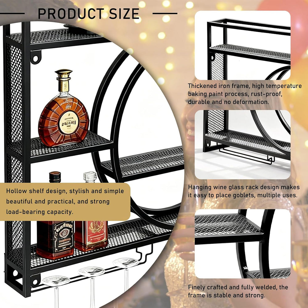 Wall Mounted Wine Rack, Metal Floating Bar Shelves with Wine Glass Holder, Mi...