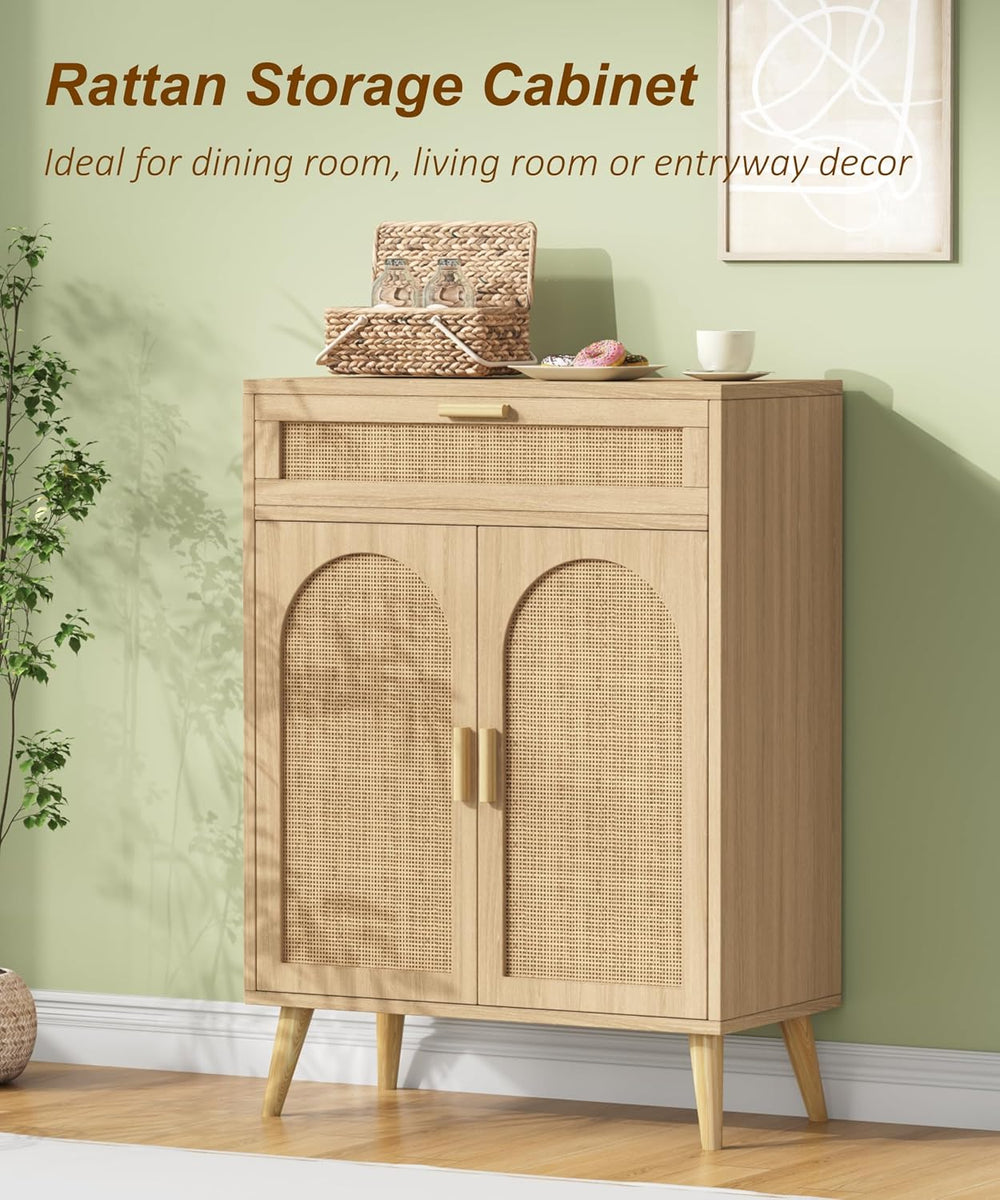Rattan Sideboard Buffet Cabinet with Storage, Boho Sideboard with Drawer &amp...