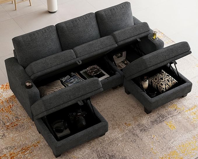 Belffin Small Corner Modular Sectional Couches for Living Room U Shaped Couch with Cup Holder Dark Grey Couch