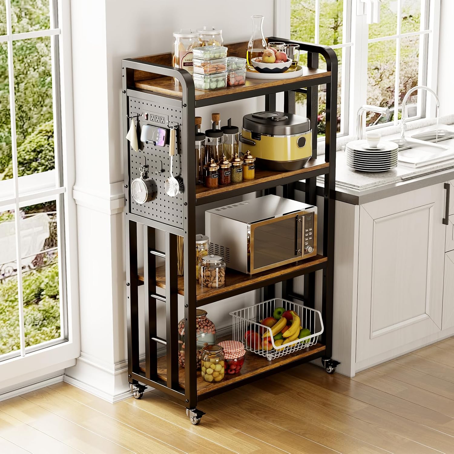 Bakers Rack with Power Outlet,bakers rack with storage,microwave cart | Microwave Oven Stand with Storage 4 Tiers,With pegboard Bakers Racks,bakers rack with storage,for Kitchen,Coffee Bar