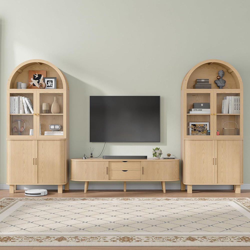 69" Tall Kitchen Pantry Storage Cabinet with Sliding Door, Modern Curved...