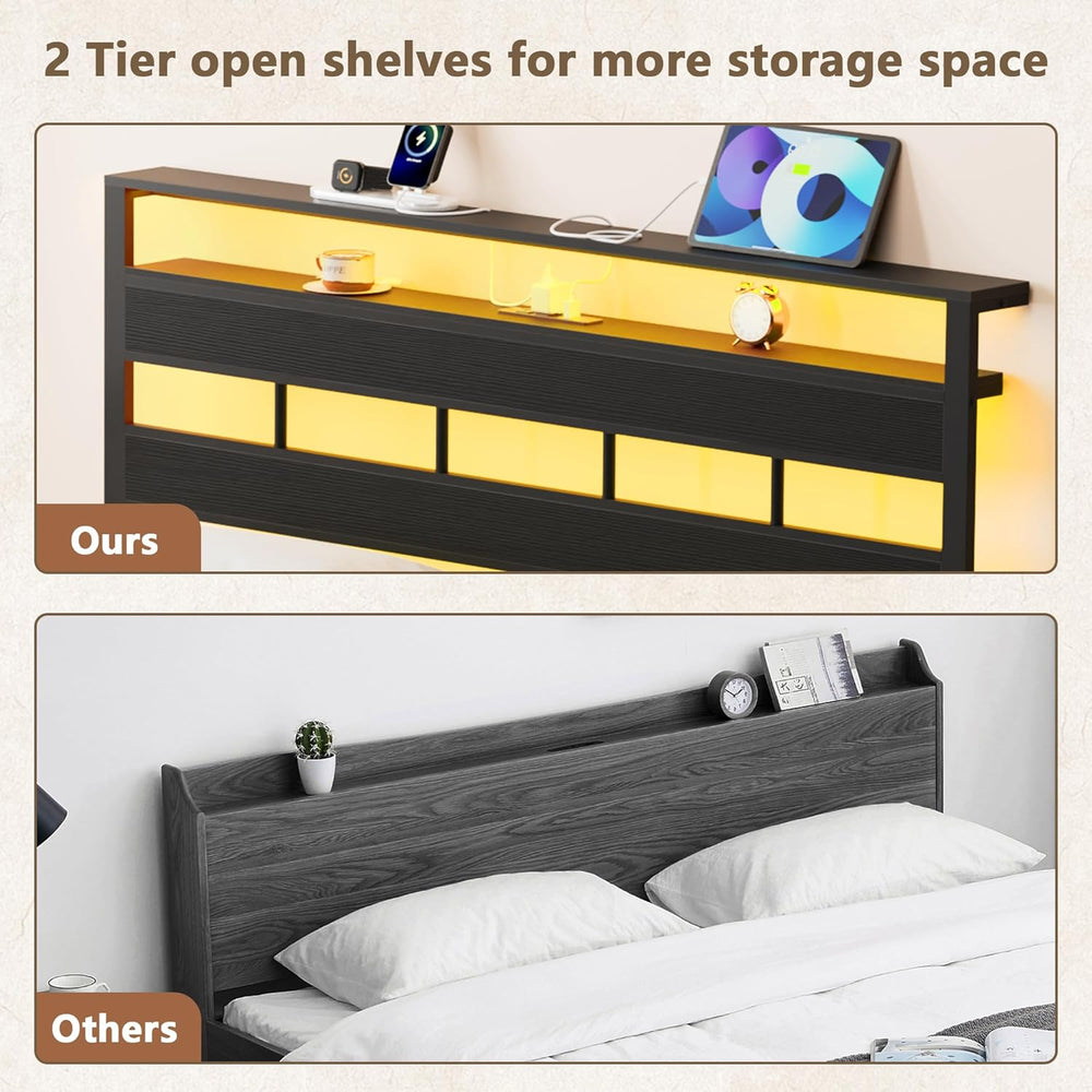 Twin Bed Frames with Charging Station and LED Lights, Black Oak