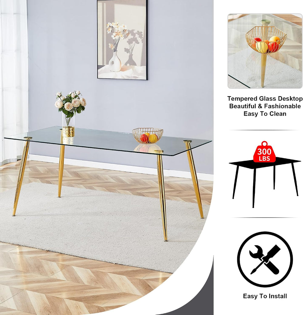 7 Piece Modern Gold Dining Room Set, 63'' Luxury Minimalist Kitchen T...
