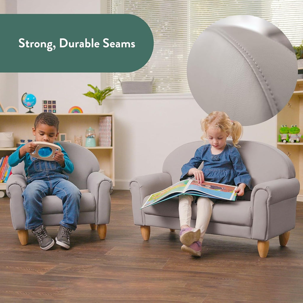 Children's Factory Upholstered Toddler Chair for Classroom, Chair, Gray | 2-in-1 Adjustible Height, Water-Resistant Vegan Leather Kids Chair, Flexible Seating Classroom Furniture, includes 4" Legs