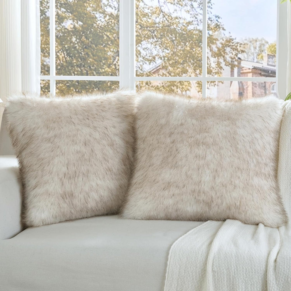 FUTEI Pack of 2 Faux Fox Fur Throw Pillow Covers 18x18 Inch, Coffee White