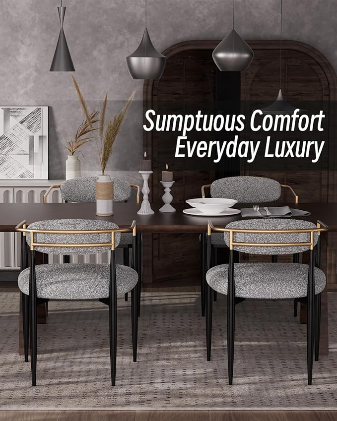 Morden Fort Modern Boucle Dining Chairs Set of 2, Grey Upholstered Dining Chairs with Black Metal Legs and Gold Armrest, Accent Chairs for Kitchen, Living Room and Café