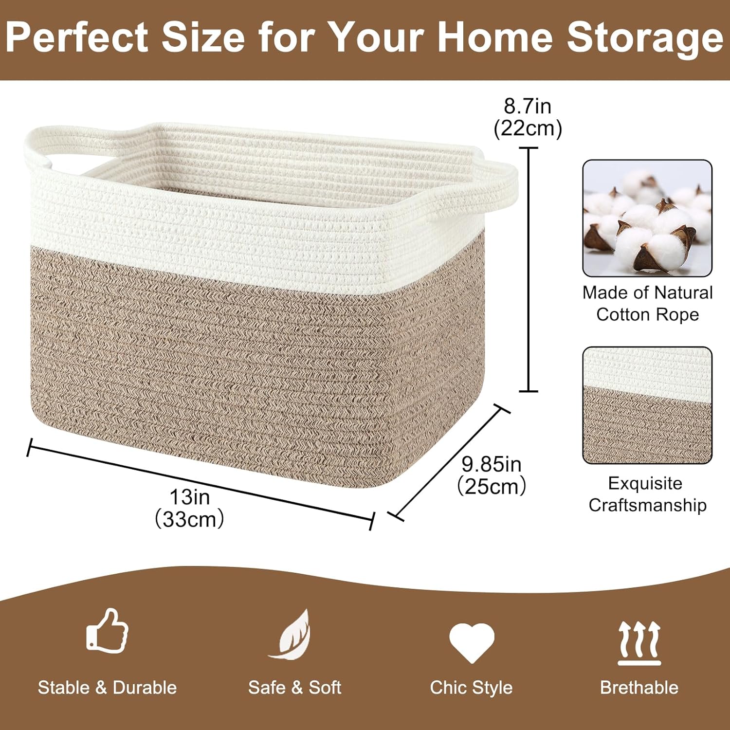 Storage Basket for Organizing, Woven Baskets for Storage, Rectangle Decorative Baskets for Shleves, Closet, Toys, Books, Nursery Organizer Bins - Pack of 3 (Brown & White, 13"x9.85"x8.7")