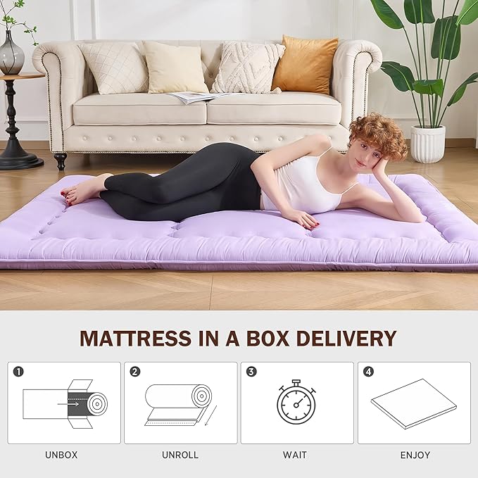 Japanese Floor Futon Mattress Twin Size, 25D High Density Support Foam, 4" Thicken Foldable Mattress Tatami Mat Sleeping Pad Suitable for Camping, Guest Room, Purple 39"x 80"
