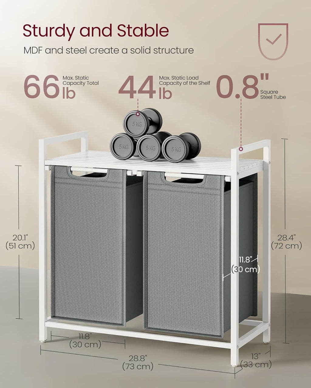 VASAGLE Laundry Hamper, Laundry Basket, Laundry Sorter with 2 Pull-Out and Removable Bags, Shelf, Metal Frame, 2 x 12.1 Gallons (46 L), 28.8 x 13 x 28.4 Inches, Slate Gray and Cloud White UBLH201W11