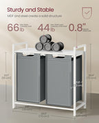 VASAGLE Laundry Hamper, Laundry Basket, Laundry Sorter with 2 Pull-Out and Removable Bags, Shelf, Metal Frame, 2 x 12.1 Gallons (46 L), 28.8 x 13 x 28.4 Inches, Slate Gray and Cloud White UBLH201W11