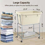 ELYKEN Laundry Cart with Wheels, Rolling Laundry Hamper with Removable Bag and Shelf, Metal Frame Laundry Basket with 4 Casters and 2 Brakes, Ideal for Bedroom, Bathroom, Laundry Room, Cream
