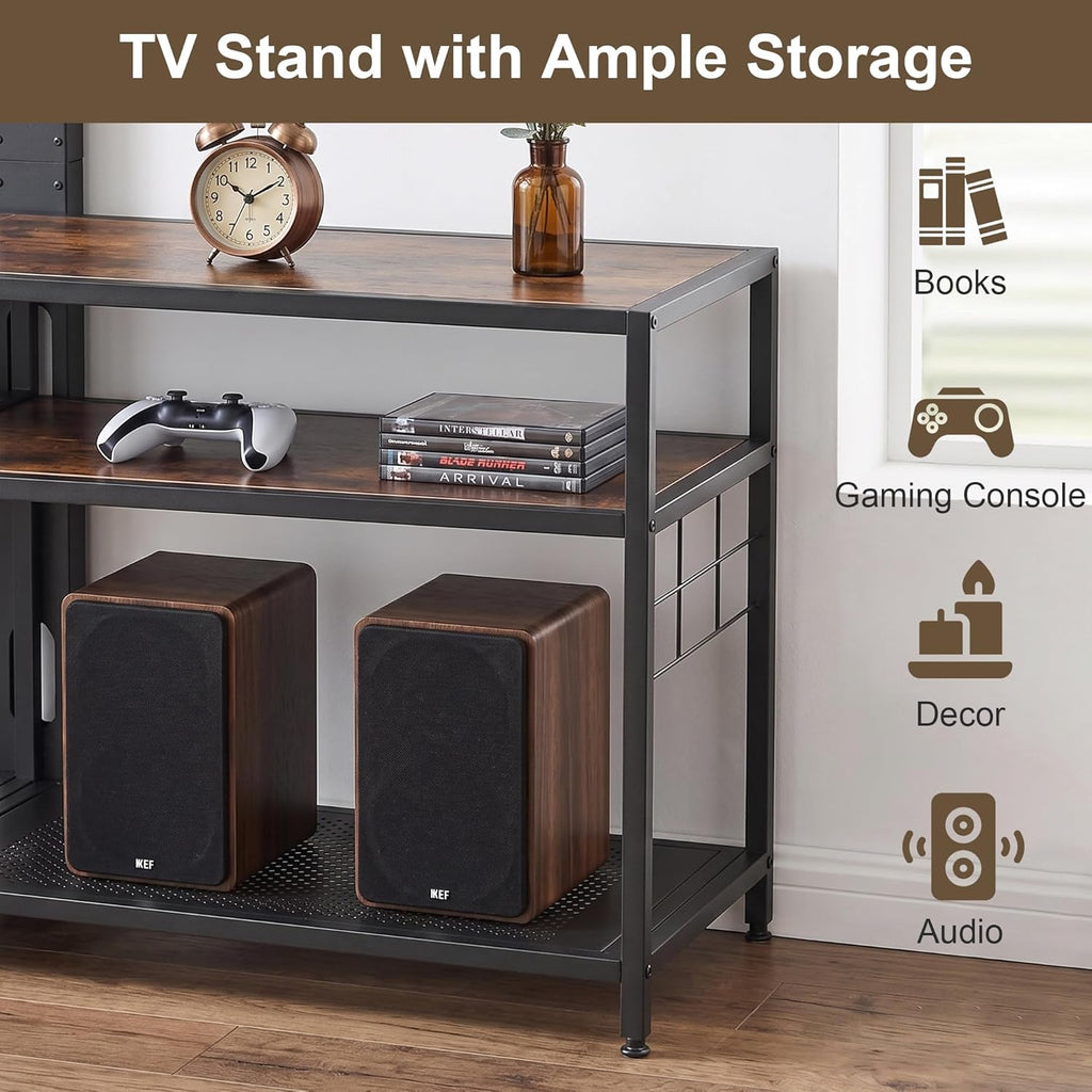 VECELO TV Stand with Mount, Universal Swivel TV Console for 32-75 inch TVs, 55" Entertainment Center with Storage Shelves, for Living Room, Bedroom, Rustic Brown