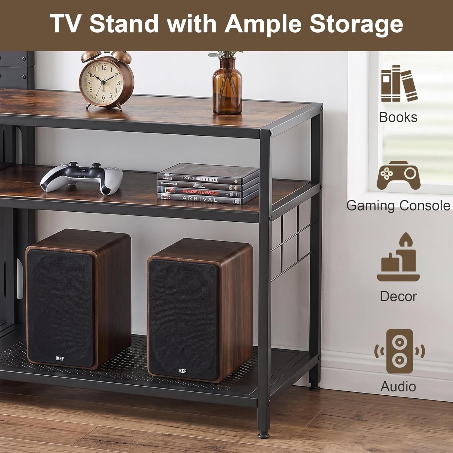 VECELO TV Stand with Mount, Universal Swivel TV Console for 32-75 inch TVs, 55" Entertainment Center with Storage Shelves, for Living Room, Bedroom, Rustic Brown