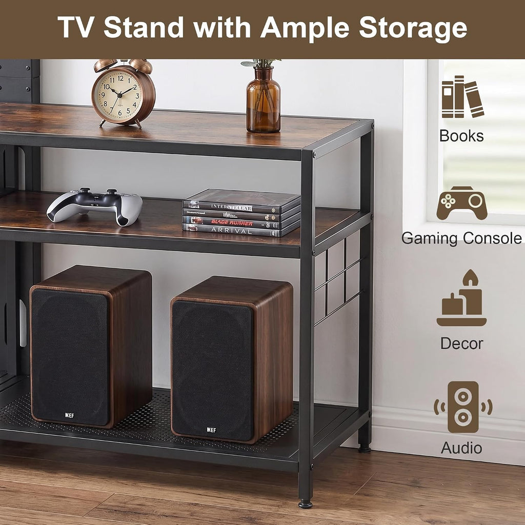 VECELO TV Stand with Mount, Universal Swivel TV Console for 32-75 inch TVs, 55" Entertainment Center with Storage Shelves, for Living Room, Bedroom, Rustic Brown