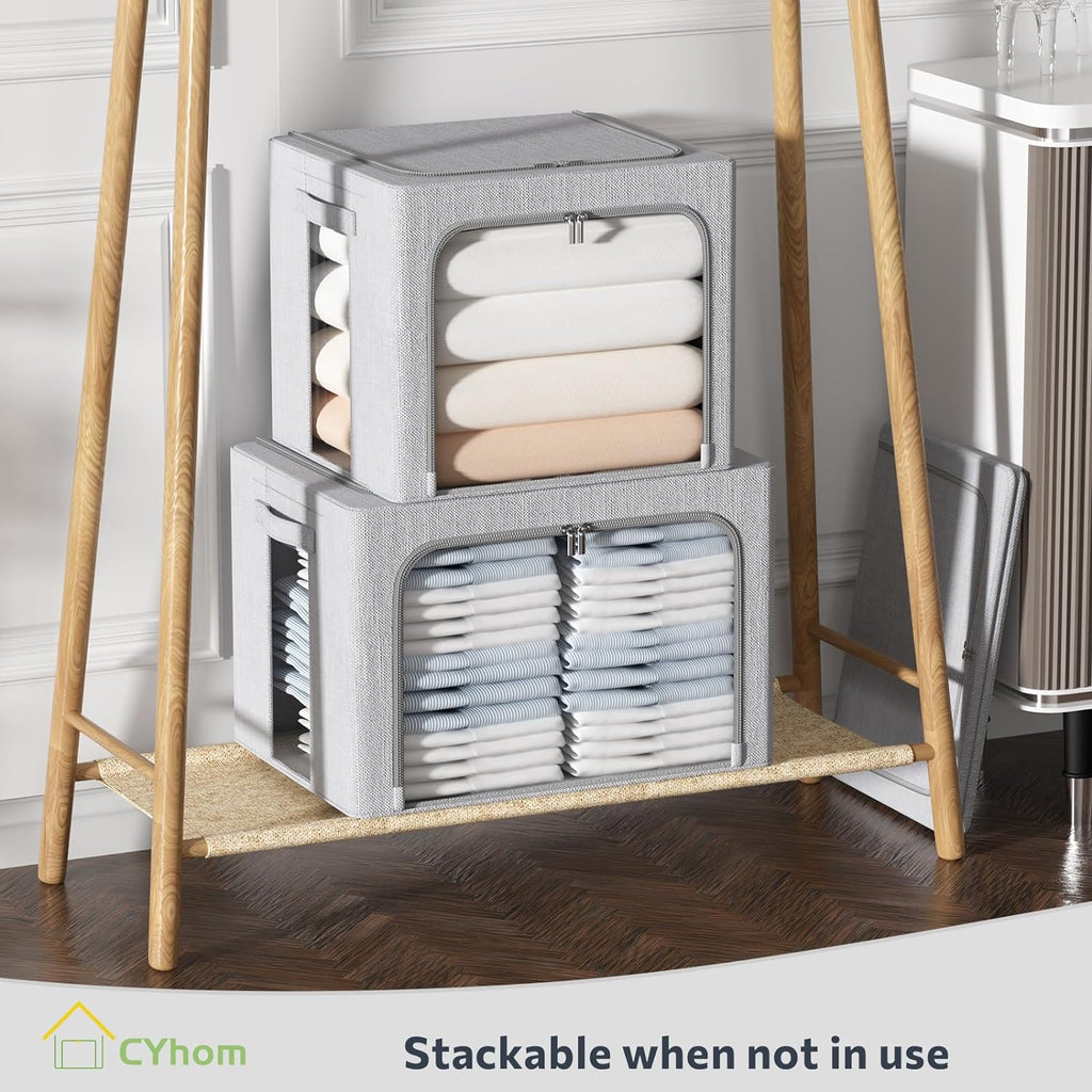 CYhom Clothes Storage Bins Box - Foldable Stackable Container Organizer Set with Clear Window & Carry Handles & Metal Frame - 2Pack Large Capacity for Bedding, Blankets, Books