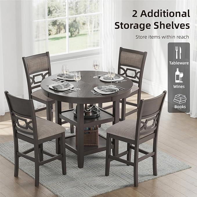 Signature Design by Ashley Wrenning Classic Upholstered Counter Height Dining Table and 4 Bar Stools with Storage, Set of 5, Gray & Light Gray