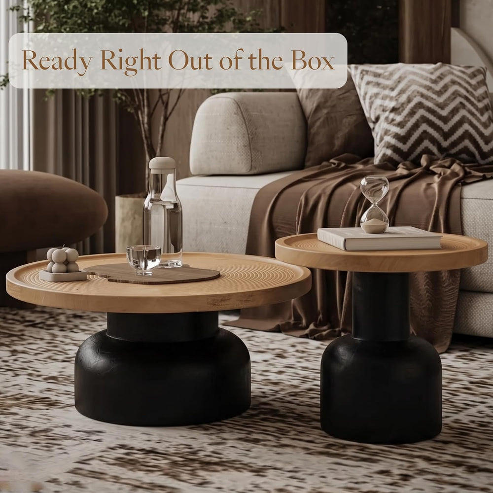 Round Nesting Coffee Table, Reclaimed Wood Top, Circle Texture,Natural | 2-Pi...