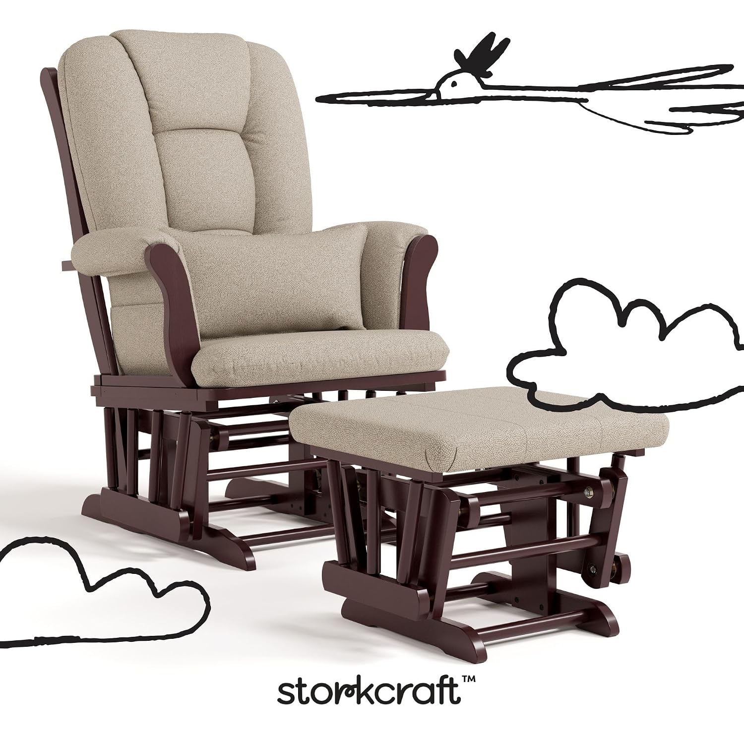 Storkcraft Tuscany Glider & Ottoman and Lumbar Pillow, Espresso/Taupe Swirl | GREENGUARD Gold Certified, Bonus Lumbar Cushion Included, Solid Wood Base, Smooth Motion, Award-Winning Nursery Rocking Chair