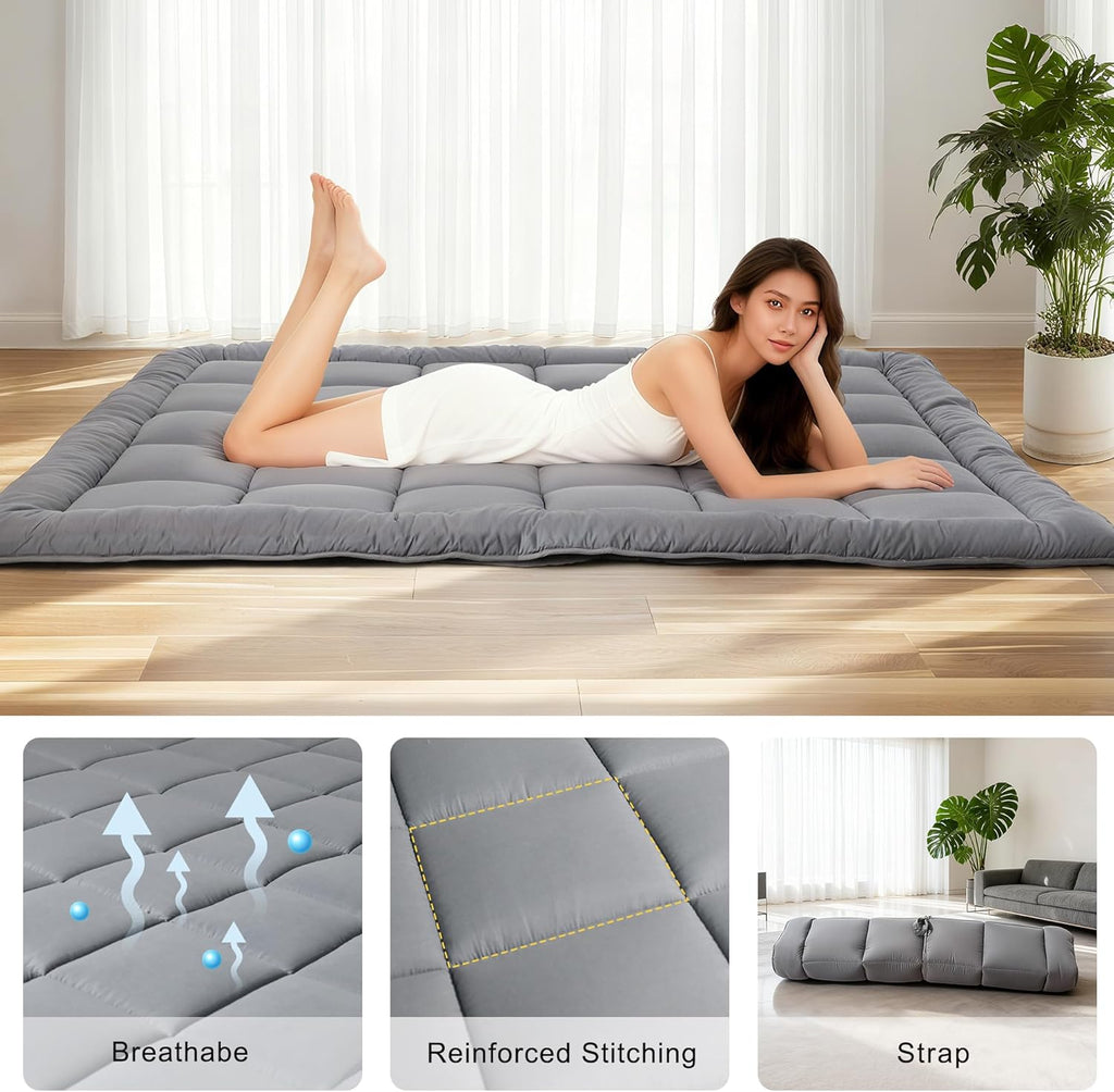 Japanese Floor Mattress Futon, Thick 5-Layer Roll Up Foldable Mattress, Comfortable Foam Tatami Mat Sleeping Pad (Gray, Twin)