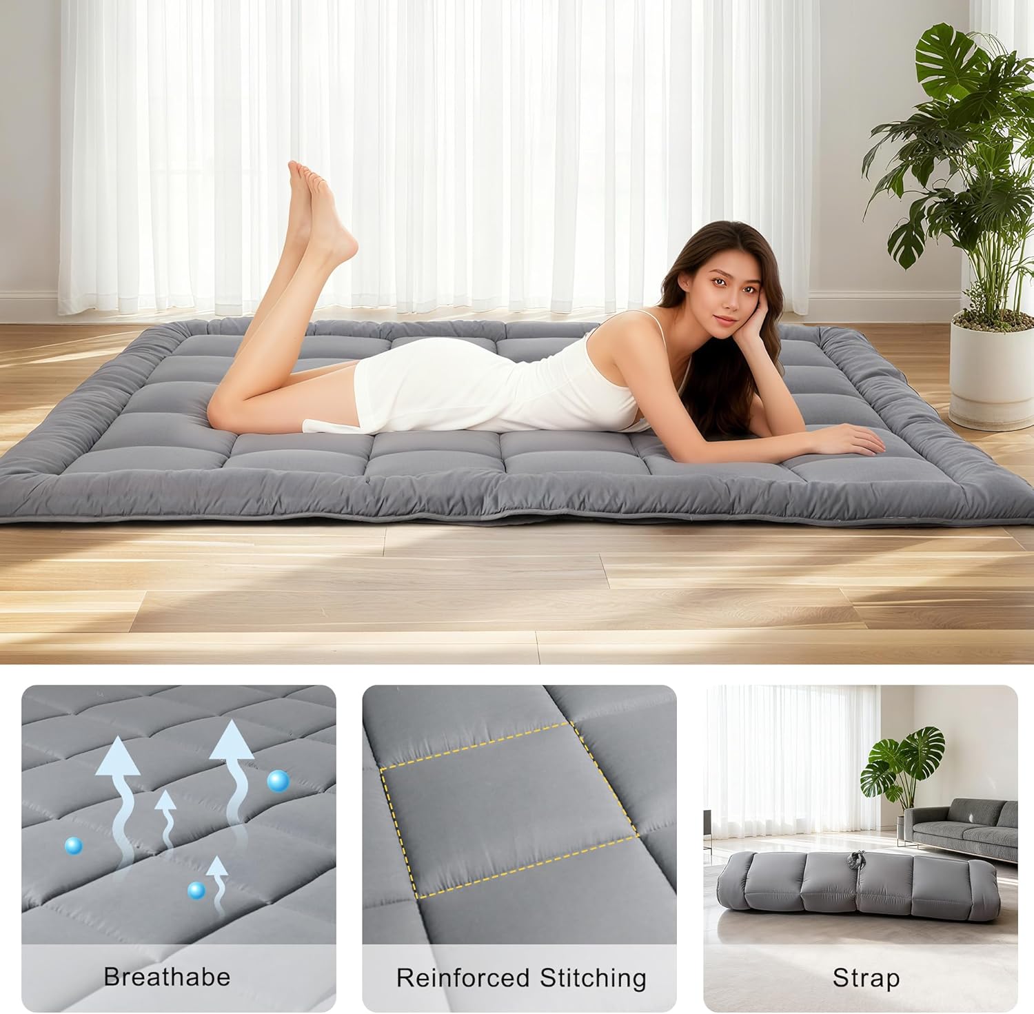 Japanese Floor Mattress Futon, Thick 5-Layer Roll Up Foldable Mattress, Comfortable Foam Tatami Mat Sleeping Pad (Gray, Twin)