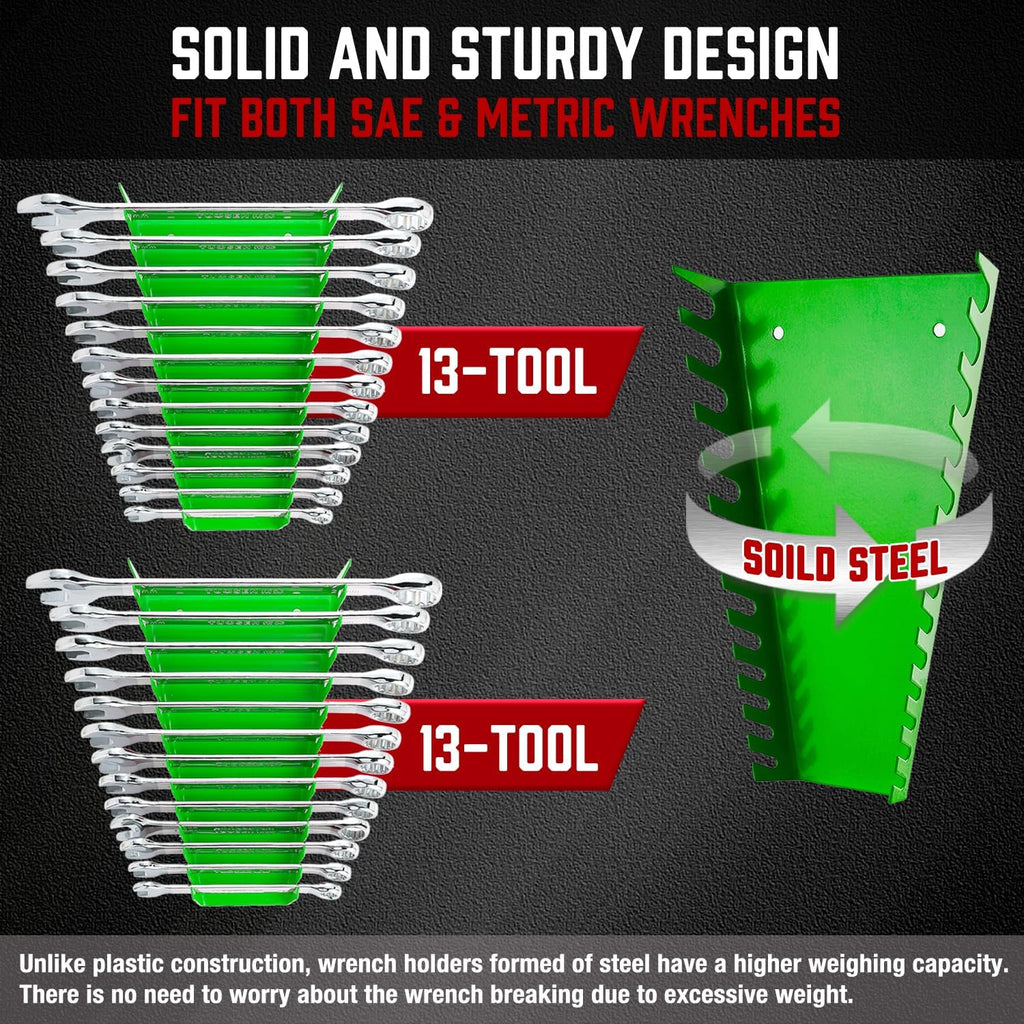 ALOANES 78-Slot Metal Wrench Organizer, Heavy Duty Wrench Organizer Tray for Tool Box, Fit SAE & Metric Wrench Storage, 6 Pack Wrench Holders(Green)