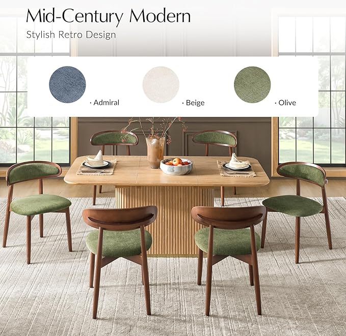 HULALA HOME Dining Chairs Set of 6 Mid-Century Modern Fabric Upholstered Dining Room Chairs Kitchen Side Chair with Open Curved Back, Walnut Rubber Wood Legs, Dinner Chairs for Living Room, Olive
