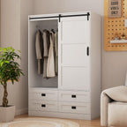Wardrobe Closet with Sliding Barn Door, Wooden Bedroom Armoire Wardrobe Cabinet Closet with 4 Drawers, Adjustable Shelves and Hanging Rod, Bedroom Storage Closet Cabinet for Hanging Clothes, White