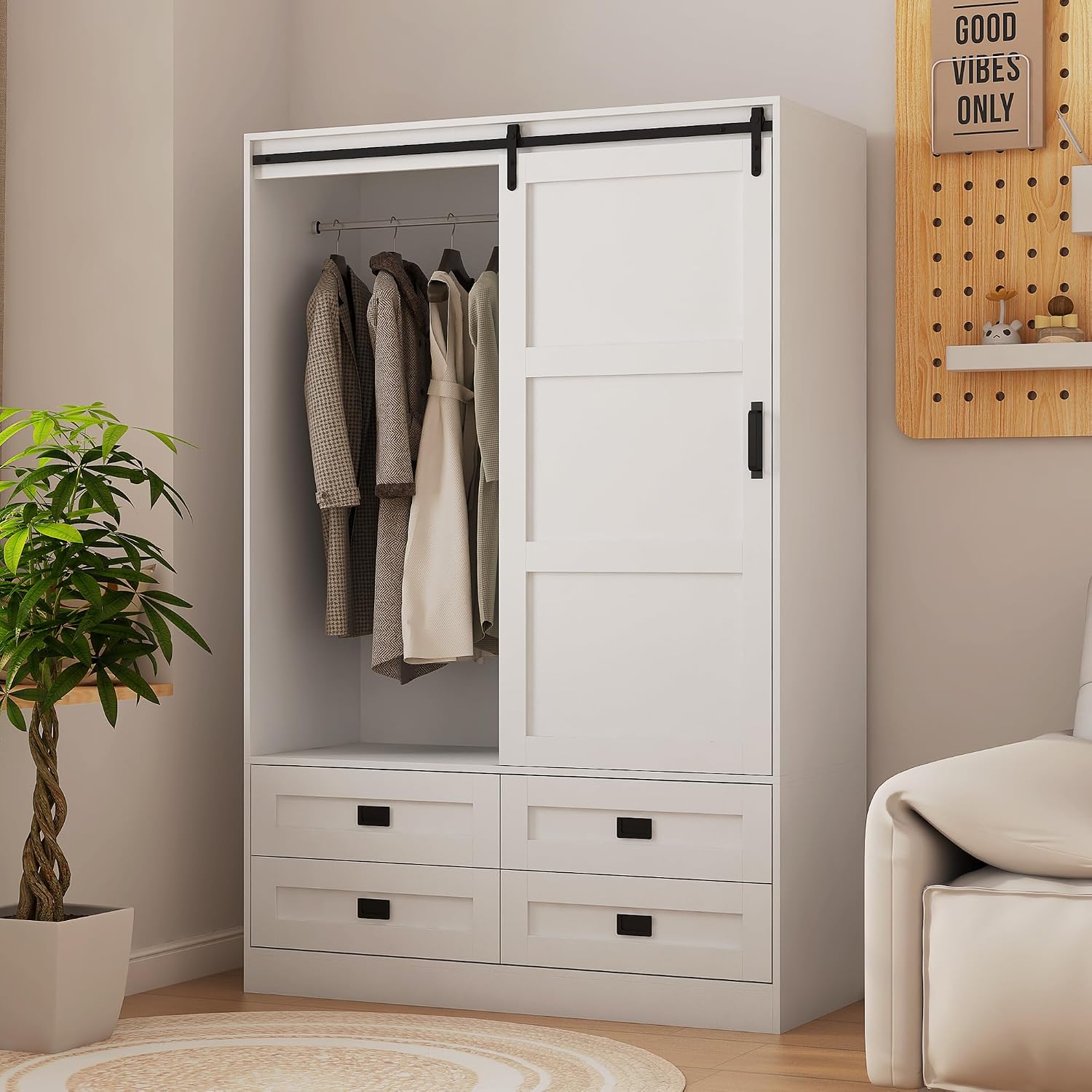Wardrobe Closet with Sliding Barn Door, Wooden Bedroom Armoire Wardrobe Cabinet Closet with 4 Drawers, Adjustable Shelves and Hanging Rod, Bedroom Storage Closet Cabinet for Hanging Clothes, White