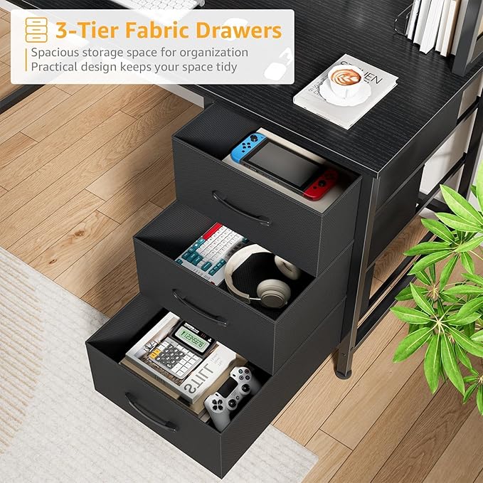 Black Computer Desk with Hutch & Drawers - Office Desk with 3 Storage Drawers and Power Outlets, 47 Inch Modern Study Writing Desk for Bedroom Home Office