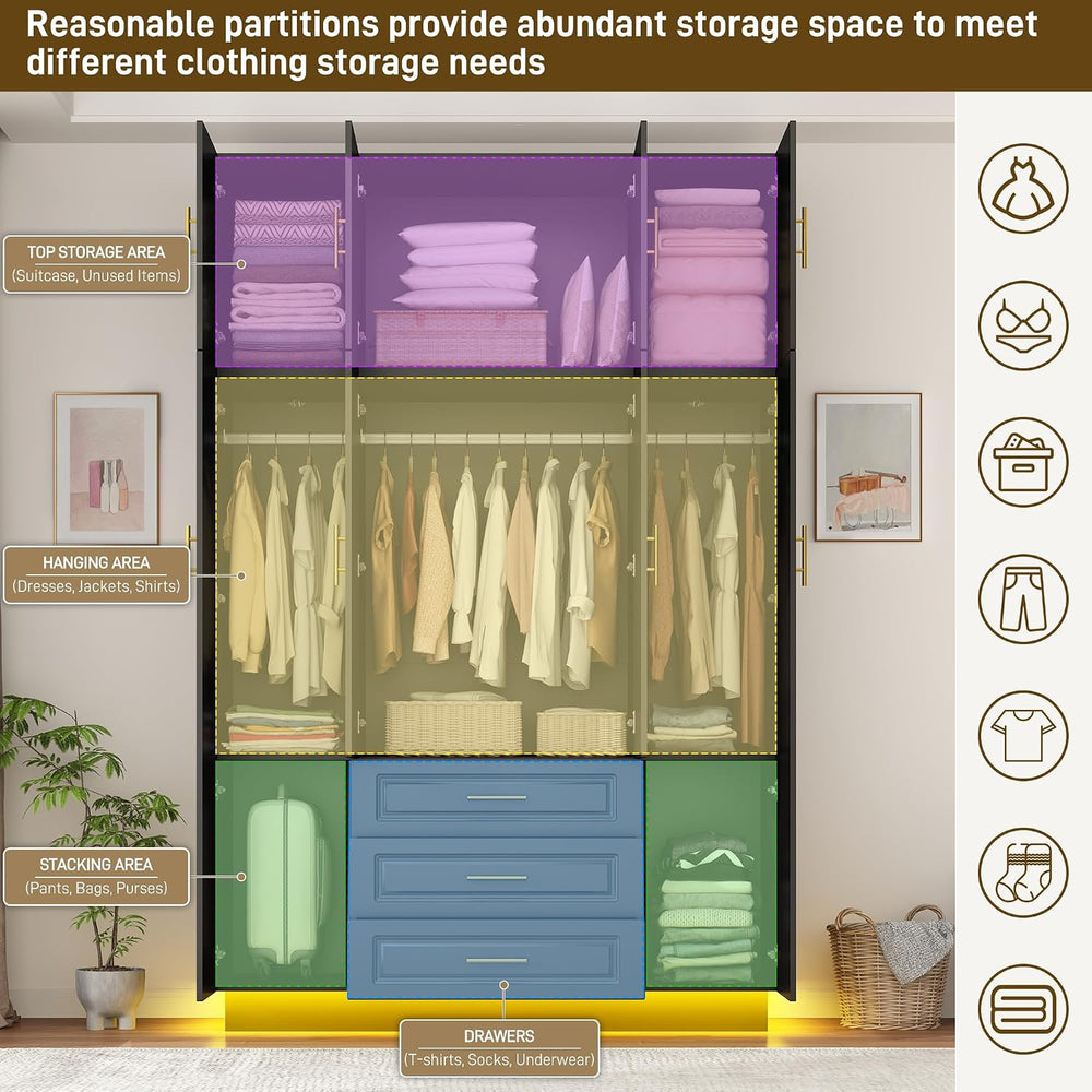 Hlivelood Large Armoire Wardrobe Closet Cabinet with Drawers and LED Lights, ...