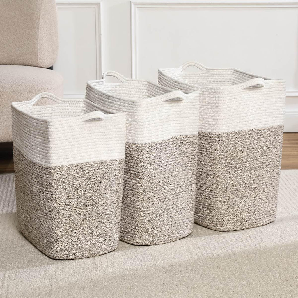 Tall Laundry Basket With Handles,Woven Cotton Rope Big Laundry Hamper Sorters,Versatile Storage for Dirty Clothes,Baby Toys,and Blankets in Bathroom, Nursery,and Living Room (White Brown, 68L)