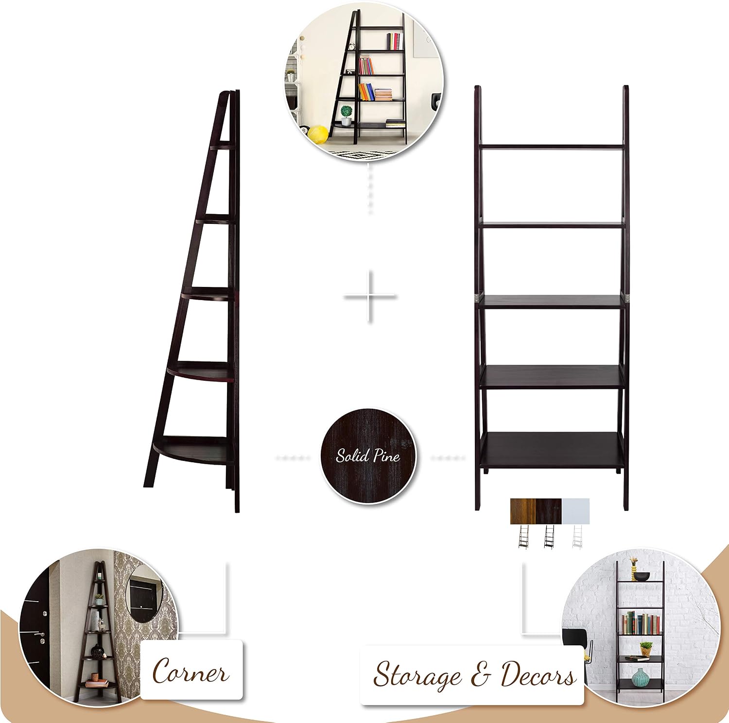 Casual Home 100% Solid Wood 5-Shelf Ladder Bookcase, Standard, 72"H, White