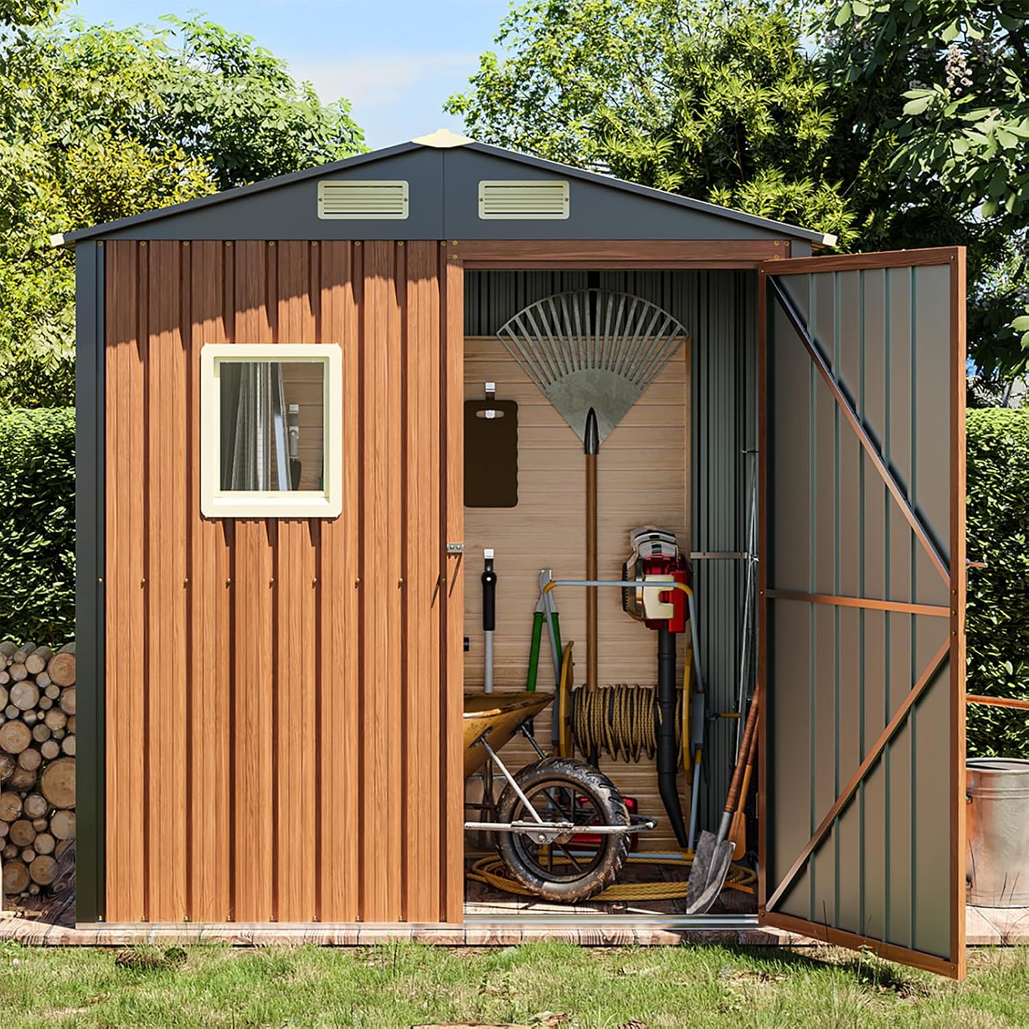 Outdoor Storage Shed 6x4 Ft, Lockable Metal Garden Shed with Window, Tool Shed Tiny House Vertical Outside Storage Building for Backyard, Lawn, Patio, Bike