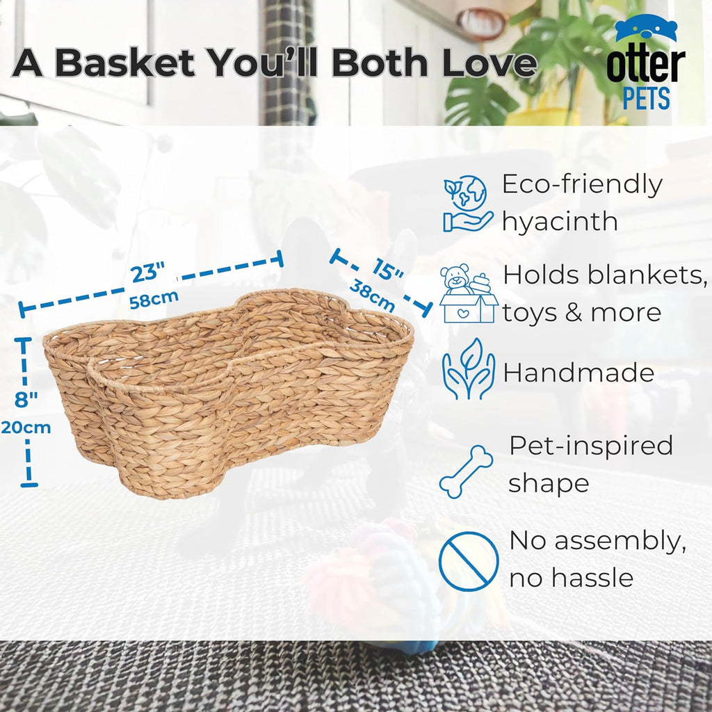 OtterPets Dog Toy Basket, Hyacinth Cat & Dog Bone Shaped Basket, Wicker Pet Toy Bin Organizer, Dog Toy Bin (Large (23"x15"))