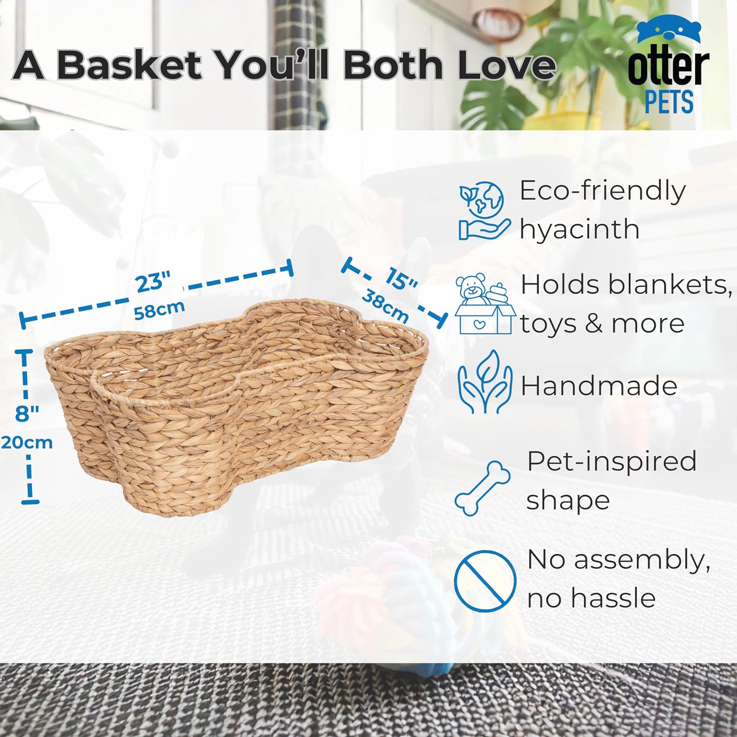 OtterPets Dog Toy Basket, Hyacinth Cat & Dog Bone Shaped Basket, Wicker Pet Toy Bin Organizer, Dog Toy Bin (Large (23"x15"))
